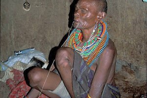 Pripadnica sorodnega plemena Masaiem, Samburu, v hiški iz kravjekov